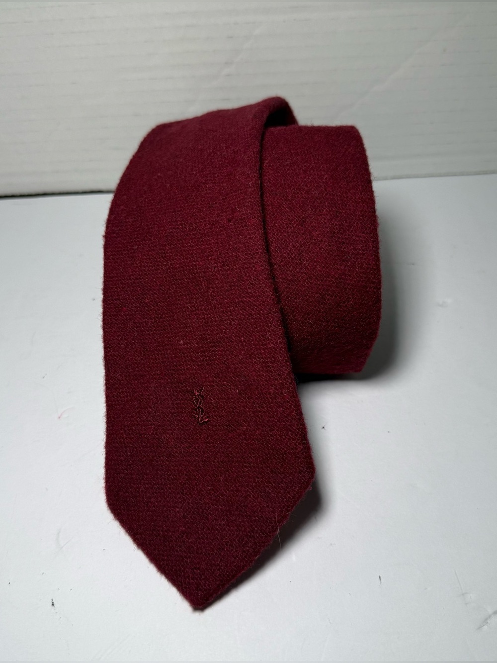 Vintage Yves Saint Laurent Mens Burgundy Wool Tie Embroidered YSL Monogram